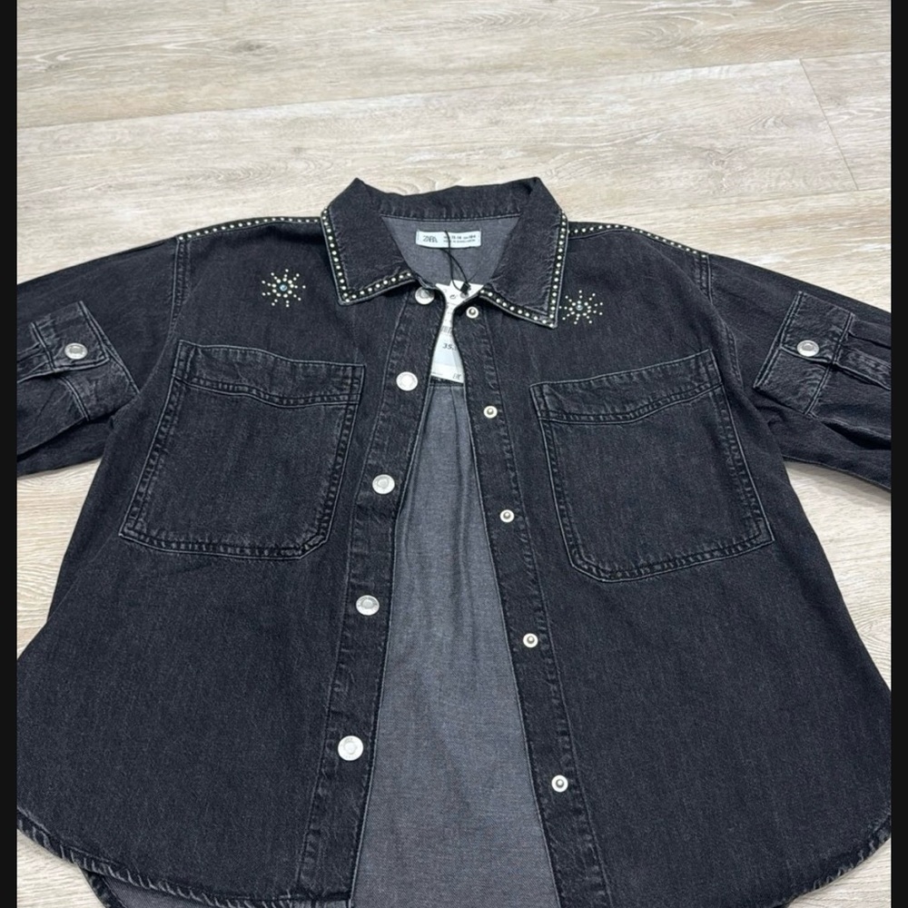 Zara Kids Black Denim Jacket with Studded Collar